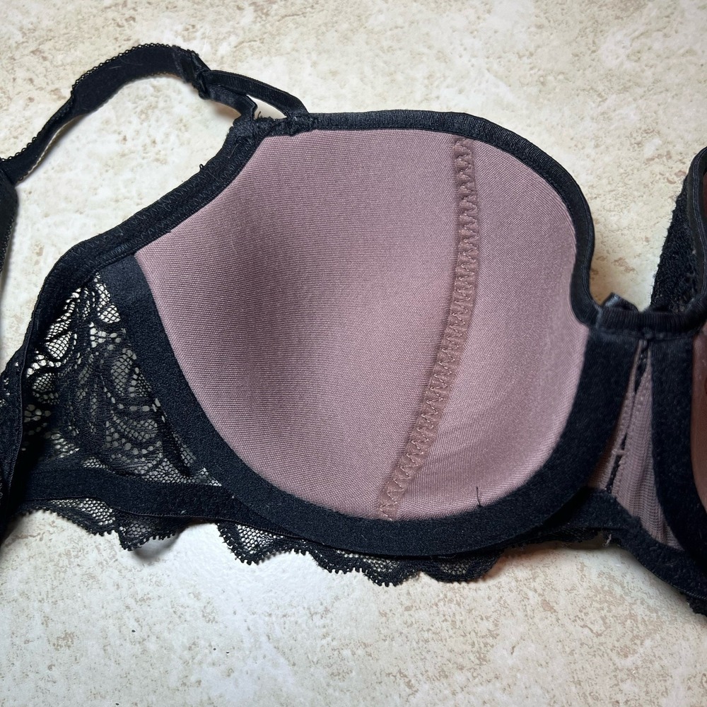 b.Tempted Wacoal Black Lace Bra 34C Floral Underwire Balconette Lined Bow Mesh - Picture 6 of 9